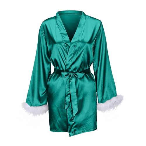 QJDFLL Chemise de Nuit Quatre Saisons Sexy pour Femmes, Unie, col en V, Manches Longues, à Lacets(Vert,3XL)