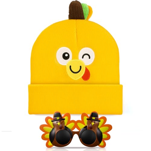 Liitrsh 2 Pcs Thanksgiving Turkey Hat and Glasses Set, Funny Turkey Trot Costume Accessories for Fall Races, Parties and Photo Props(Yellow,Smile)