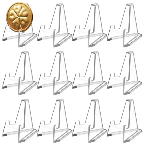 SJORHNUS Card Display Stands,Acrylic Coin Display Stands,Mini Easel Stands for Challenge Coins,All Coins,Challenge Medals,Chips,Sports Card--12 Packs,2.12 Inch Tall