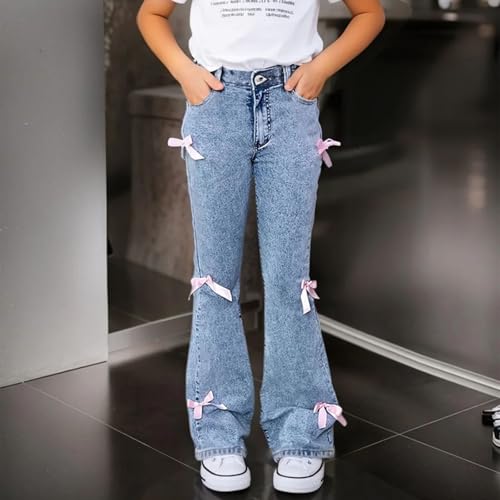 Bow Flare Jeans for Girls Y2K Cute Bell Bottom Kids Streetwear Flare Bottoms Jean Pants with Pockets Skinny Trousers3