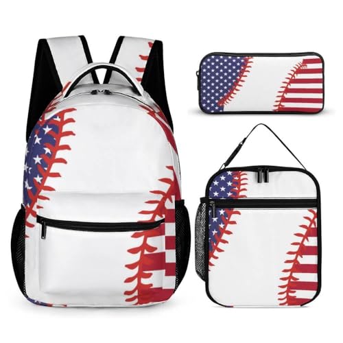 Baseball Backpack with Lunch Box & Pencil Case, 16 Inch Cool Baseball Themed Bookbag, Adjustable Durable Lightweight, Colorful Baseball Backpack Set for Kids Girls Boys School