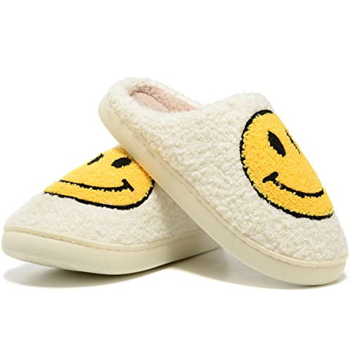 Women Men Retro Fuzzy Face Slippers Retro Soft Fluffy Warm Home Non-Slip Couple Style Casual Happy Face Slippers Soft Memory Foam Fuzzy Slides Indoor Outdoor Anti-Skid Warm Cozy Foam Slide
