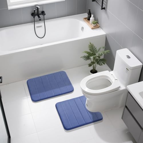 Image of Yimobra Memory Foam Bath Mat Set, 2 Pieces Soft Bathroom Rugs, 17x24 and 24x20.4 U-Shaped, Non Slip, Thick, Dry Fast, Navy Blue