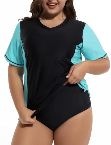 Tournesol Womens Plus Size Rash Guard UV Sun Protection Swim Tops Short Sleeve Swimwear Swimsuit Swim Shirts Balck