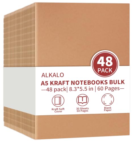 48 Pack A5 Blank Kraft Notebooks Bulk, 8.3x5.5 Inches, Journaling Notebooks