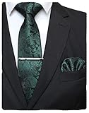 JEMYGINS Dark Green Paisley Tie Wedding Business Silk Necktie and Pocket Square, Hankerchief with Tie Clip Sets for Men(7)