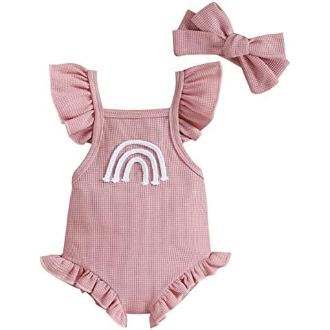 Girls' Clothes 128 Newborn Baby Girls Boys Rainbow Knitted Ruffle Sleeveless Romper Bodysuit Clothing with Headband Outfits Men's T-Shirt, pink, 6 Months Cover