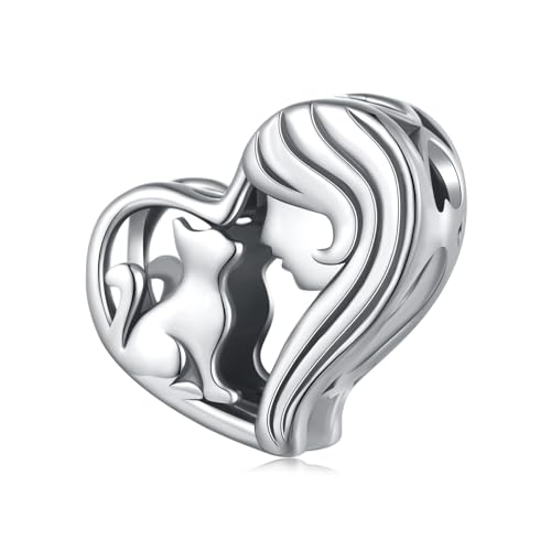 MUNDELL Cute Cat Bead Charm Heart Shaped Charm for Original Silver Bracelet fit Pet Lovers Make Pendants