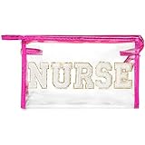 CY2SIDE NURSE Clear Makeup Bag - White Letter Patch Cosmetic Bag with Handle for Travel PVC Zipper Clear Travel Pouch for Toiletries Waterproof Portable Organizer Case Gift for Nurse, Pink