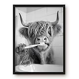 Framed Funny Highland Cow Bathroom Wall Decor, Bathroom Wall Art, Black and White Modern Farmhouse Decor, Highland Cow Brushing Teeth Canvas Pictures for Restroom – 8x10in