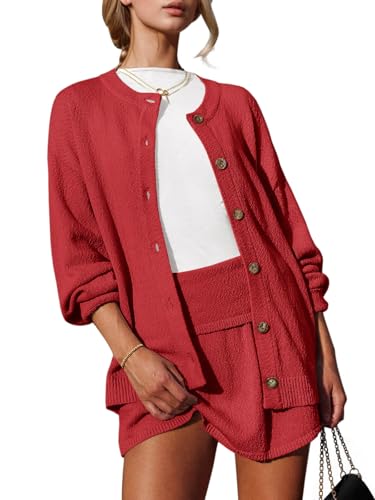 Image of Tankaneo 2 Piece Sweater Sets for Women Long Sleeve Cardigan Outfits Mini Skirts Knit Matching Lounge Set