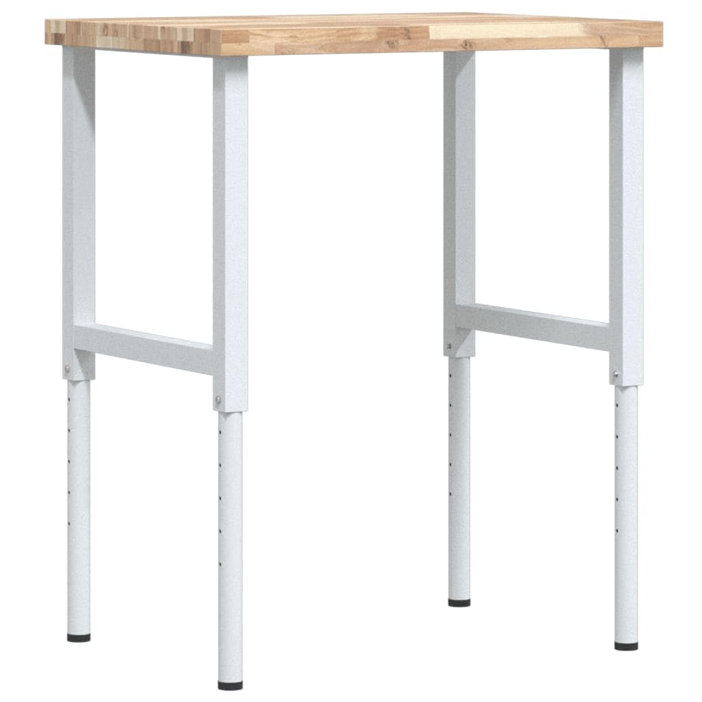 Banco da lavoro in legno di acacia massiccio con telaio regolabile in altezza, 80 x 60 x (73-99,5 cm), tavolo da lavoro rettangolare per officina, garage, fai da te, hobby, con piano di lavoro