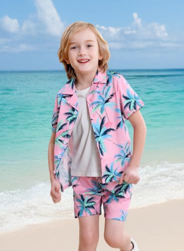 Image of DAXIANG Boys 2 Piece Hawaiian Outfit Summer Button Down Shirt and Pocket Short Sets Beach Vacation Clothes for Kid Size 3-10