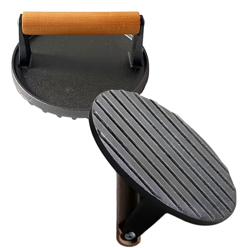 Nozzy Pressa per hamburger, in ghisa, resistente, con manico in legno resistente al calore, per hamburger, pancetta, carne, bistecca, tortine, panini, barbecue