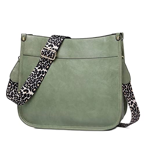 HyRaM Bolsos cruzados de cuero vegano para mujer, bolso cruzado con correa de guitarra, bolsillos con cremallera, bolso de hombro, Verde (una correa)