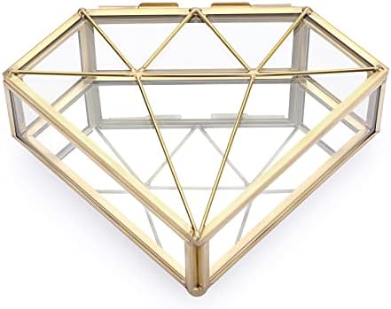 SUMNACON Gold Glass Metal Jewelry Box Trinket Box, Decorative Diamond Shape Jewelry Display Holder, Gold Clear Jewelry Box Organizer for Ring, Earring, Necklace
