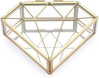 SUMNACON Gold Glass Metal Jewelry Box Trinket Box, Decorative Diamond Shape Jewelry Display Holder, Gold Clear Jewelry Box Organizer for Ring, Earring, Necklace