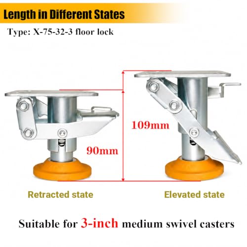 Image of Floor Lock, Adjustable Height Trolley Brake Floor Lock, Manganese Steel 100kg Bearing Trolley Cart Lock with TPU Pad for 4~5in Casters(X-75-32-3)
