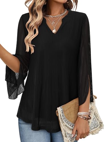 Image of KISSMODA Women's Ruffle 3/4 Sleeve Tunic Tops V Neck Loose Flowy Chiffon Blouses Double Layers Mesh Shirts B Black