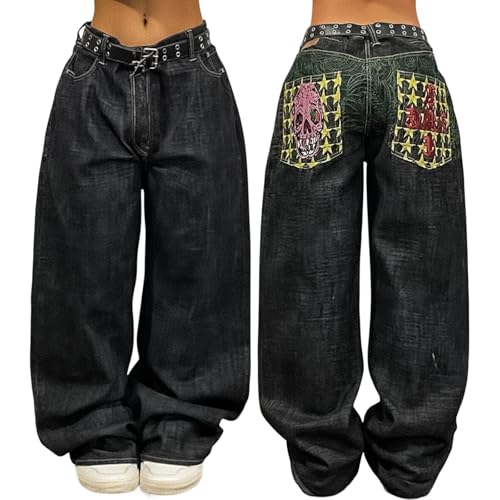 Image of EMMIOL Women Hip Hop 90s Vintage Baggy Jeans Denim Pants Mid Waist Jeans