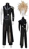 Coyqeoy Men Cloud Strife Cosplay Leather Jacket Pants Uniform Black with Wig Cloud Sephiroth Halloween Costume (Black + Wig, Medium)