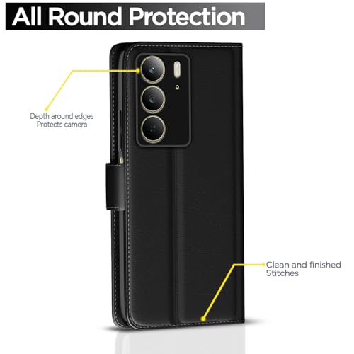 Image of Pikkme Flip Cover Leather Finish | Inside TPU with Card Pockets | Wallet Stand and Shock Proof | Complete Protection Button Flip Case for Realme C75(Black)