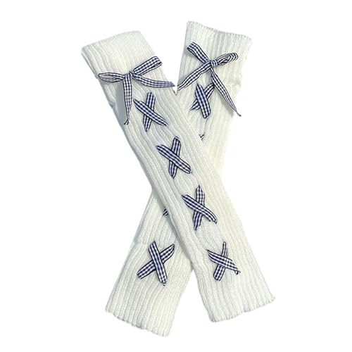 Shurhome Sweet Girl Leg Warmers Knit Socks with Plaids Ribbon for Cosplay and Winter Fashion 2000s Photo Props Ribbed Sleeves