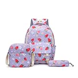 Treer Schulrucksack Set 3tlg. Schulrucksack Teenager mit Lunchpaket Tasche und Federmäppchen, Mädchen & Jungen Schulrucksack Erdbeerdruck Schulranzen Rucksack Schule (Lila)