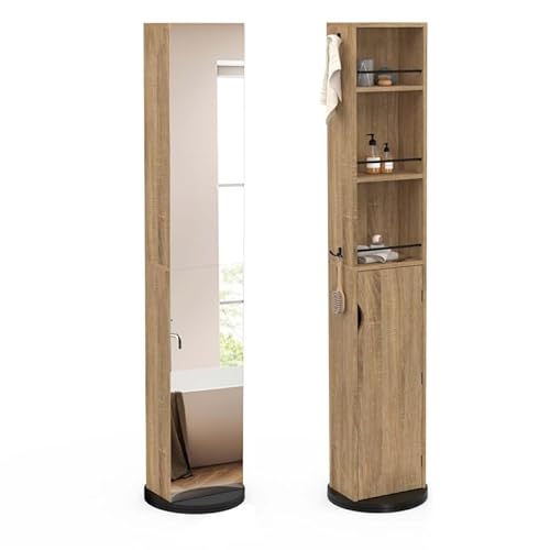 IDMarket - Meuble colonne pivotante de salle de bain avec miroir, placard et étagères hêtre et noir ELIA