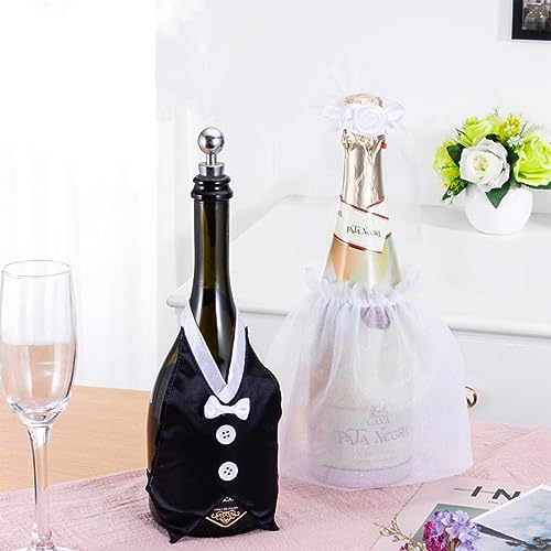 auwiyd 2 PCS Bride and Groom Wine Bottle Covers Set Wine Glass Decoration Wedding Party Decor Wine Champagne Cover Suit for Wedding Engagement Party Black White Wedding Accessories