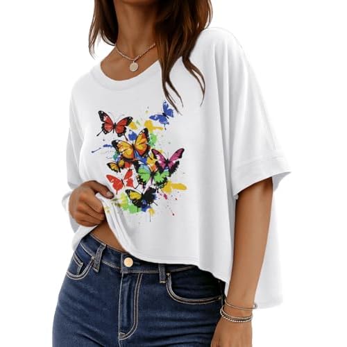 rosemia Oversized Tshirts for Women Summer Graphic Half Sleeve Crop Tops Casual Blouses, White Colorful Butterflies, S