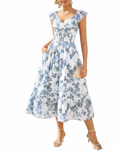 Image of GRACE KARIN Women's Summer Floral Maxi Dress 2026 Ruffle Sleeve Smocked Sundress Flowy Wedding Guest Long Dresses with Pocket