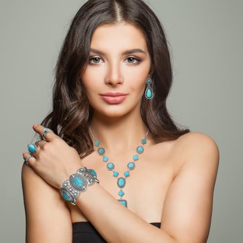 Image of Ecally Bohemian Western Jewelry Turquoise Set Women Country Pendant Long Choker Layered Bracelets Earrings Ring for Women
