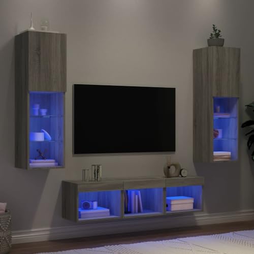 Gecheer Mueble Salón Comedor Moderno Mesa para TV Estantería Mueble TV Salón Modular Muebles TV Pared con LED 5 pzas Madera ingeniería Gris Sonoma,Y8#