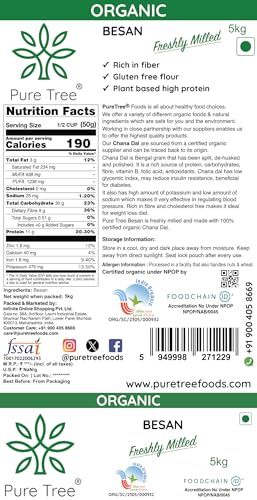 Image of Pure Tree Certified Organic Besan Chana Atta | 5 Kg / 5000 g | Chana Flour | Freshly Milled Fine Besan Organic Gram Flour | Kadalai Maavu | Chana dal flour | Chana Besan