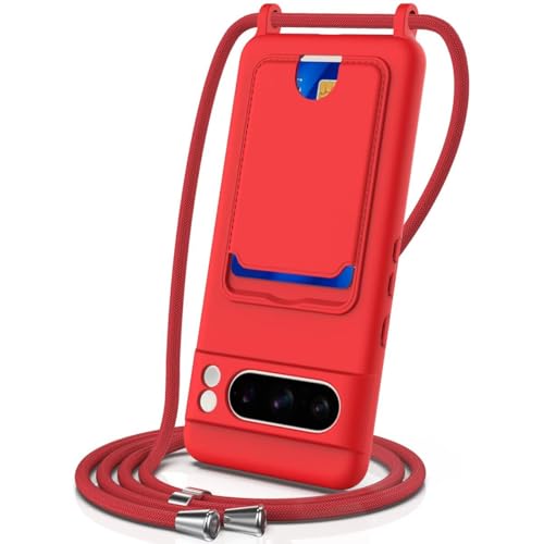 xinyunew Funda con Cuerda para Google Pixel 8 Pro, Silicona Líquida Carcasa con Cordón [Ajustable Correa de Cuello Cadena] Case con Ranura para Tarjetas Anti-Choque Anti-arañazos,Rojo