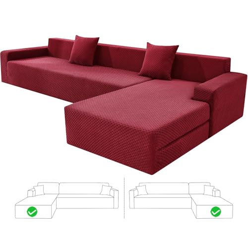 ZNSAYOTX Sectional Couch Covers, Stretch Jacquard Slipcovers with Elastic Bottom for L-Shape Sectional Sofa, 2 Pcs Pet Friendly Modular Sofa Protector (3 Seat Couch + 3 Seat Chaise, Wine Red)