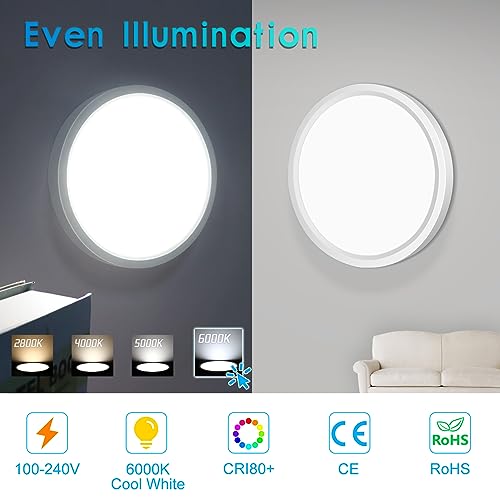 LightingWill 7 Inch LED Flush Mount Ceiling Light Fixture, 6000K Cool White, 1500LM, 12W, Flat Modern Round Lighting Fixture, 120W Equivalent White Ceiling Lamp for Kitchens, Bedrooms.etc.