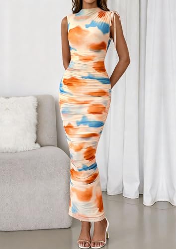 Image of PRETTYGARDEN Women's Summer Maxi Dresses Ruched Bodycon Split Long Dress
