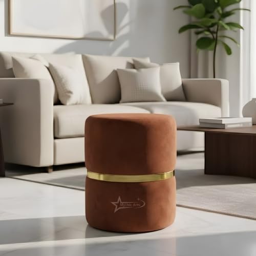Image of Round Single Strip Upholstered Stool Living Room Foot Rest Linen Fabric Padded Seat Pouf Ottoman Office Stool (Coffee)