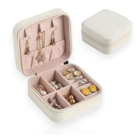 Porta Jóias Estojo Portátil em Couro com Zíper para Jóias, Maquiagem e Viagem (Creme)