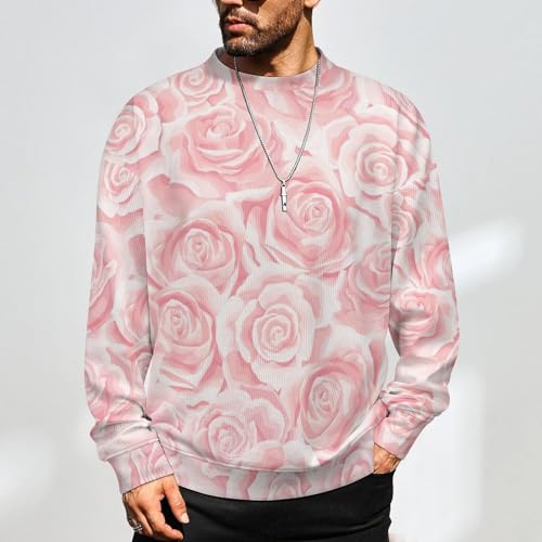 Mens Crewneck Sweater Cream Pink Rose Flower Crew Neck Sweater Long Sleeve Pullover Sweaters2