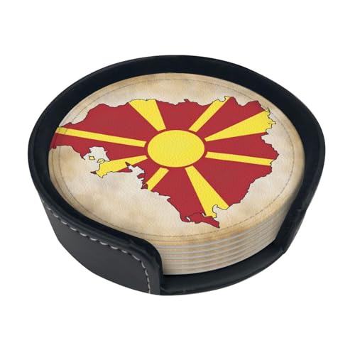 Ensemble de dessous de verre en cuir imprimé carte drapeau de Macédoine du Nord, dessous de verre avec boîte de rangement élégante, essentiels du salon