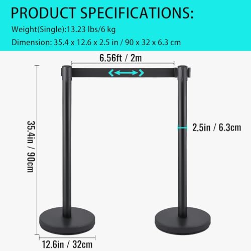 Image of 6 PCs Stanchions with Retractable Belts - Heavy Duty Crowd Control Barriers with Weighted Rubber Base, 6.5FT Retractable Belt Stanchions for Crowd Control Barriers