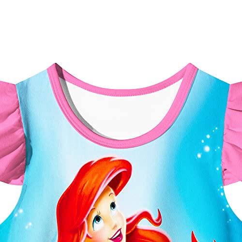Little Girls Mermaid Princess Gown Dress Flutter Sleeve Cartoon Printed Home Casual Wear Birthday Gift For Kids 2-7 Years A-Pink #TOP3
