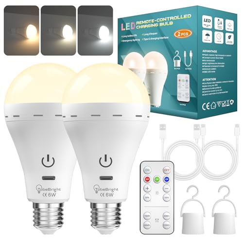 TobeBright Ampoule Rechargeable E27 avec Télécommande, 3 Températures de Couleur Dimmable Ampoule Batterie Sans fil Rechargeable USB-C pour Urgence, Lampe...