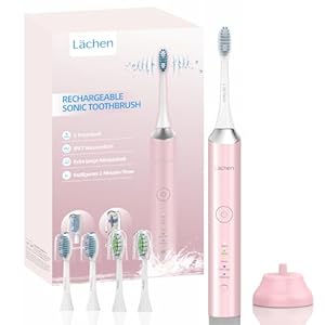 Lächen Elektrische Schallzahnbürste, 5 Modi Elektrische Schallzahnbürste mit Reise-Etui 4 Aufsteckbürsten, USB-Ladung für 60 Tage, Timer, IPX7 Wasserdicht, Rosa