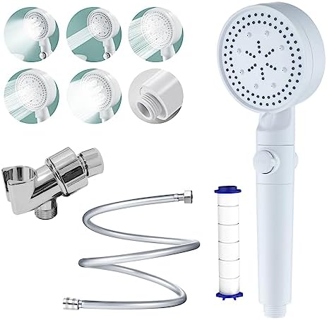 High Pressure Shower Head with 5 Spray Settings,Filtered Handheld Showerheads with ON/OFF Switch,Powerful Cleaning Spray Gun Mode,Extra Long 59'' PVC Hose, Adjustable Shower Arm Mount (WHITE)