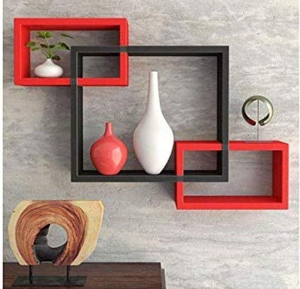 Furniture Cafe Wooden Intersecting Wall Shelf Home Decor Items Rack Floating Book Shelves for Living Room, Bedroom, Kitchen, Office and More (Set of 3, Color-Red & Black)