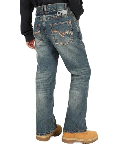 Image of BOCOMAL Non FR-Men's Heavyweight Dura-Rugged Work Jeans Mid Rise Relaxed Fit Boot Cut 7 Utility Pockets Retro Washed Jean